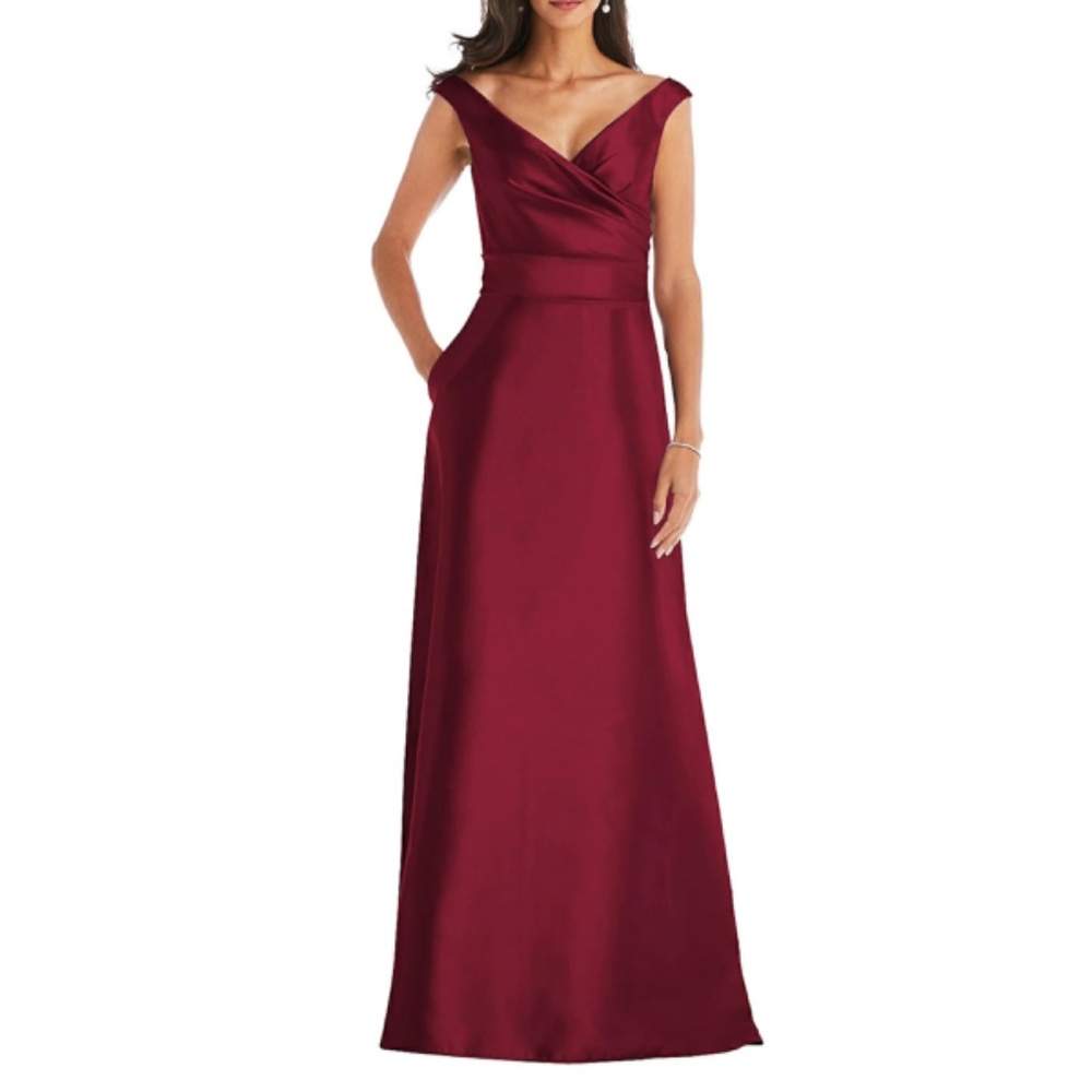 Alfred Sung‎ Off the Shoulder Satin Maxi Dress in Burgundy Red
